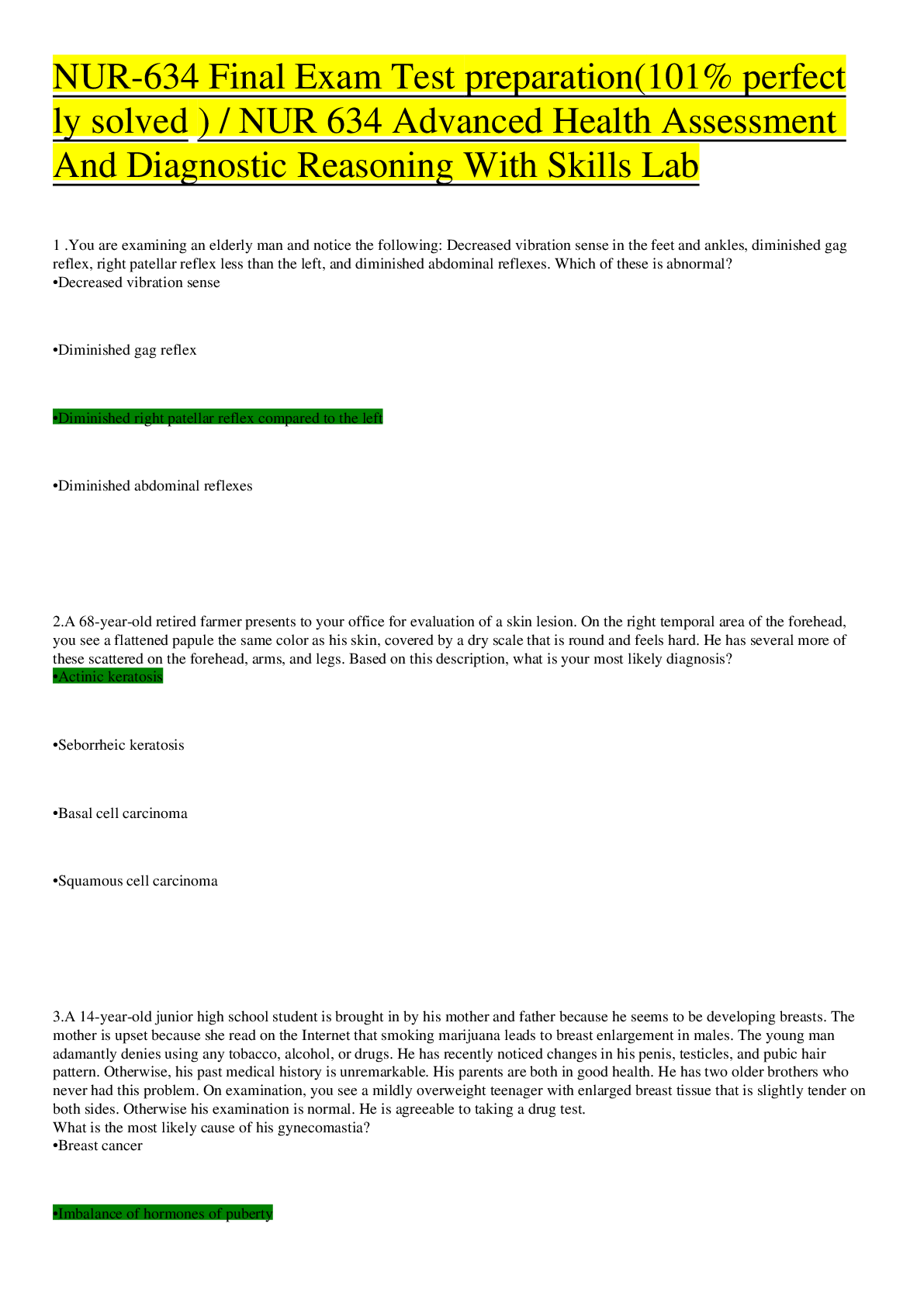 Preview image for NUR-634 Final Exam Test preparation(101% perfectly solved ) / NUR 634 Advanced Health Assessment And Diagnostic Reasoning With Skills Lab